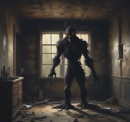 Illustration of creepy monster in dark room.