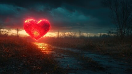 Glowing heart in apocalyptic landscape.