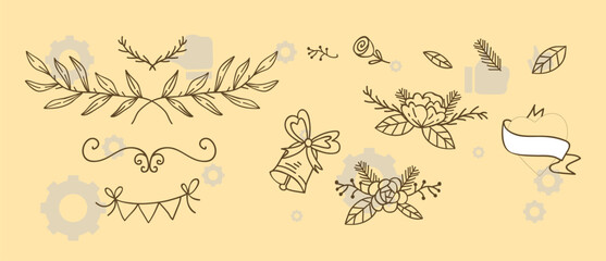 Hand drawn vintage floral wreaths, frames with flowers and ribbon bows. Trendy greenery elements in line art style. Vector for label, corporate identity, wedding invitation, card
