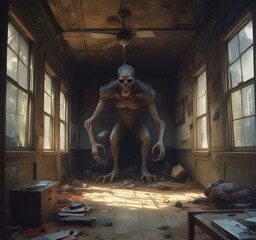 Illustration of creepy monster in dark room.