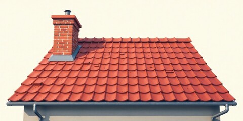 Fototapeta premium Red Tile Roof with Brick Chimney and Gutter