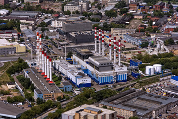 Powered power plant in Moscow from above with many chopes.