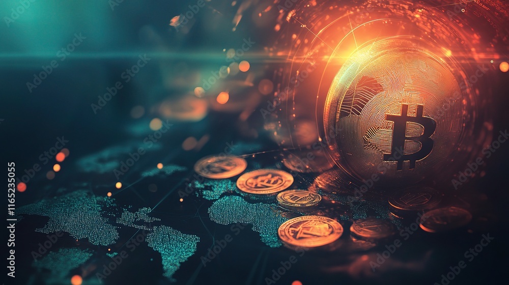 Poster dynamic finance technology background with bitcoin and coins