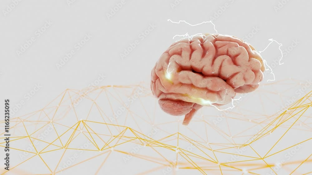 Poster human brain model with lightning effect above abstract yellow polygonal grid on a white background. 
