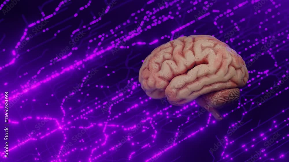 Poster human brain model with glowing purple neural connections on a dynamic abstract background. concept o