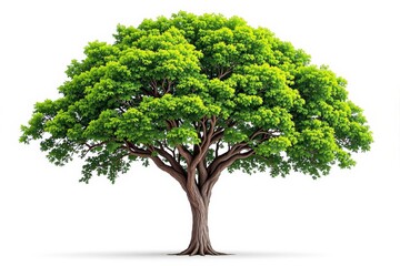 Lush green tree with detailed foliage and twisted branches, displayed on a white background. Represents nature, growth, and tranquility. Ai generative