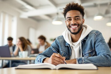 Obraz premium A cheerful student with a pen and open notebook in a bright classroom, peers studying in the background, concept of education and learning. Ai generative