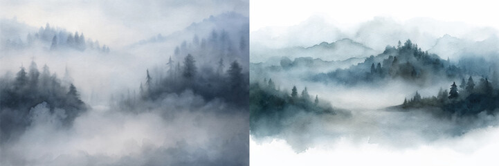 Mystical landscape with dark forests and soft fog, evoking a sense of tranquility.