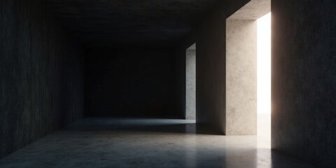 A dimly lit concrete room with a bright opening, symbolizing hope and transition