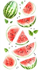 Watermelon Slices in Watercolor Style - A Vibrant Summer Fruit Display