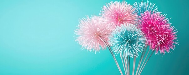 Fireworks abstract background concept. Colorful pom pom flowers in pink and blue against a serene turquoise background.
