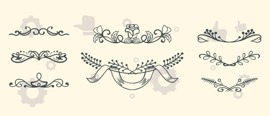 Hand drawn vintage floral wreaths, frames with flowers and ribbon bows. Trendy greenery elements in line art style. Vector for label, corporate identity, wedding invitation, card
