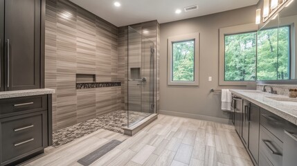 An accessible bathroom with a roll-in shower, grab bars, and sleek modern finishes designed for comfort and style