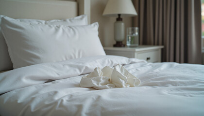 White bedding with decorative towel on cozy bedroom background