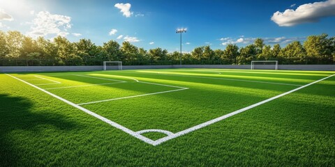 A vibrant soccer field with lush green grass, clearly marked lines, and goalposts under a bright blue sky.
