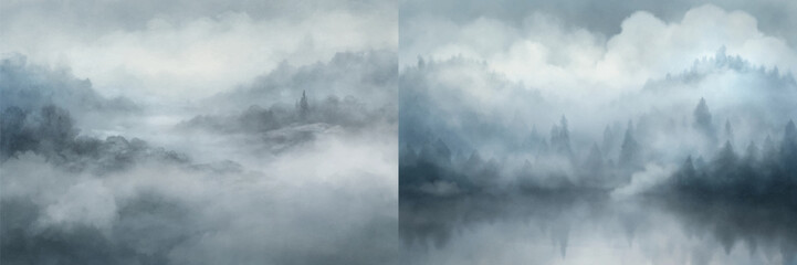 Soft fog blankets a tranquil river and lush forests, enhancing the serene atmosphere.