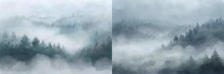 Soft mist blankets a serene landscape, featuring lush trees and a tranquil atmosphere.