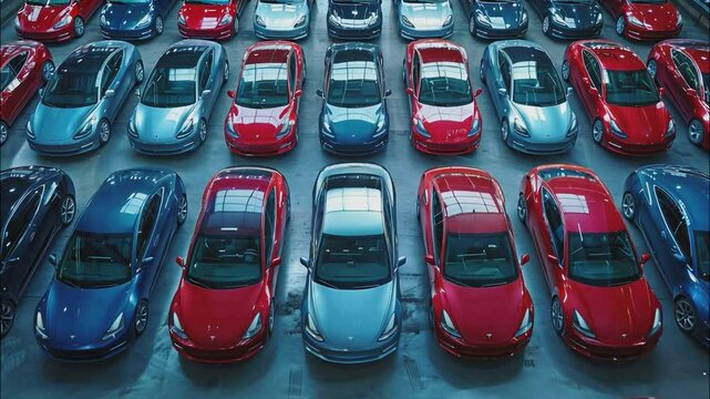 A high-angle, meticulously arranged collection of luxury cars in red and blue hues, parked in neat rows, creating a captivating pattern of color and design.  