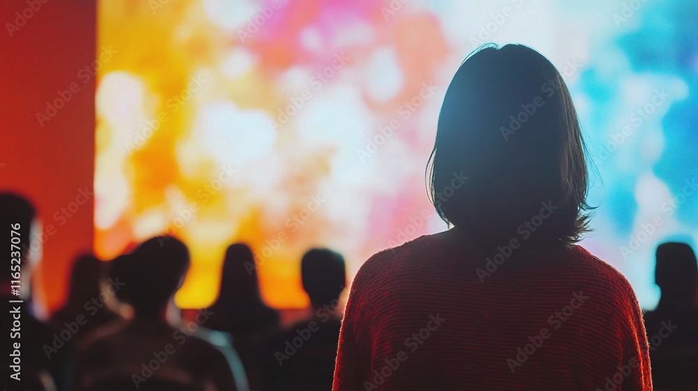Poster students engaged in lecture with colorful projector background