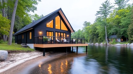 Obraz premium Modern lakeside cabin with large windows and serene surroundings.