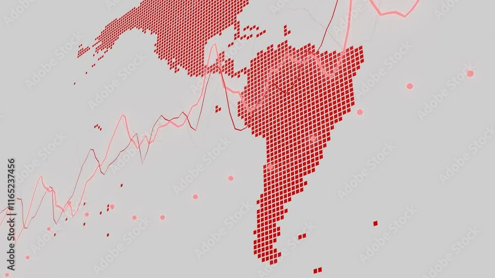 Poster pixelated red map highlighting north and south america with overlaid waveforms on a white background