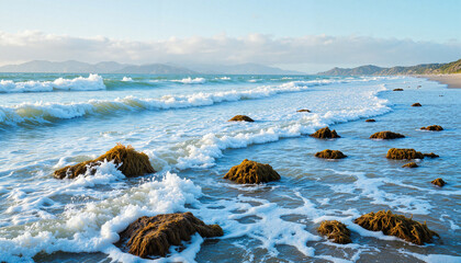Ocean waves crashing on shore with seaweed