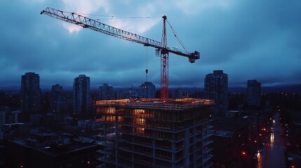 Fototapeta premium Large Crane Operating at Construction Site During Dusk Hours