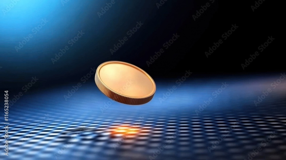 Poster a golden coin floats above a textured surface, illuminated by soft blue lighting, creating a dynamic