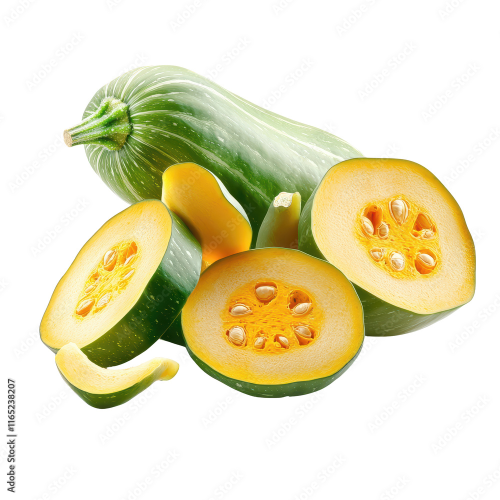 Poster whole and sliced arikara squash displayed on a plain white background, showcasing their rustic patte