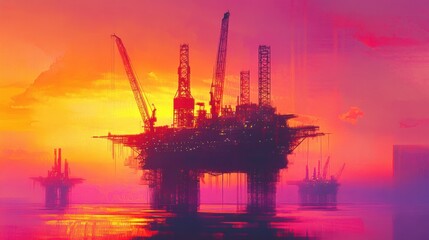 An offshore oil rig silhouetted against a vibrant sunset, with cranes and platforms in sharp detail