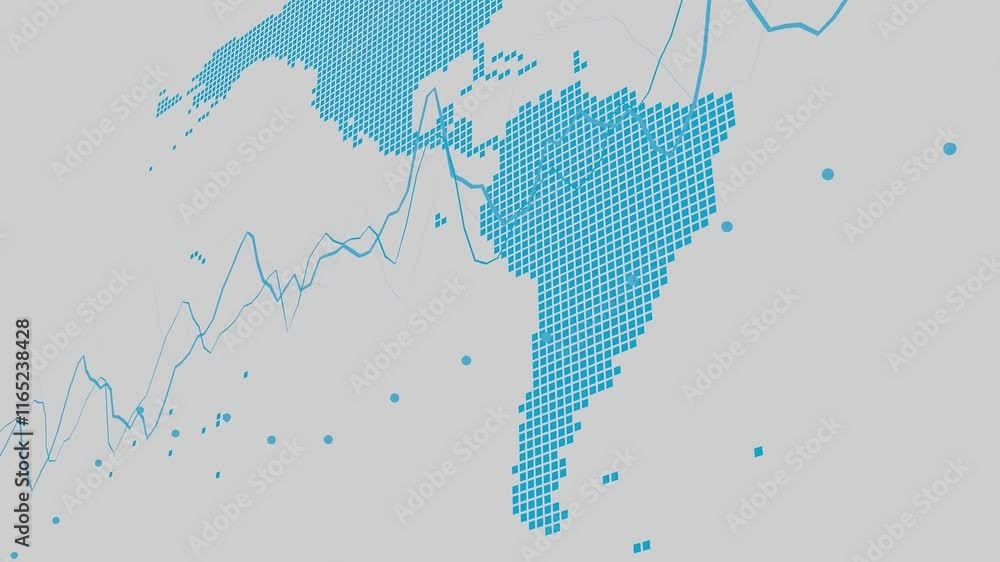 Poster pixelated blue map highlighting north and south america with overlaid waveforms on a white backgroun