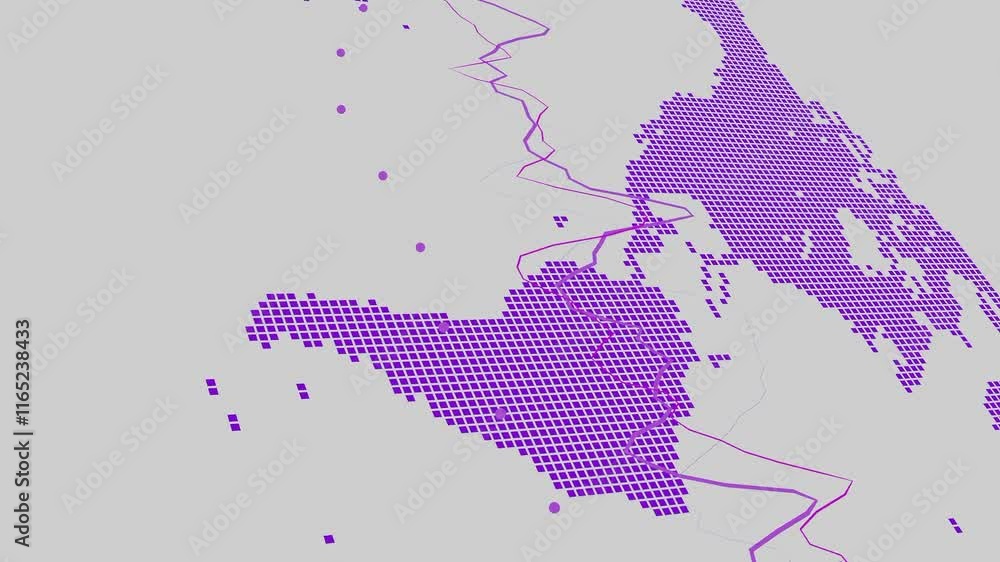 Poster pixelated purple map highlighting north and south america with overlaid waveforms on a white backgro