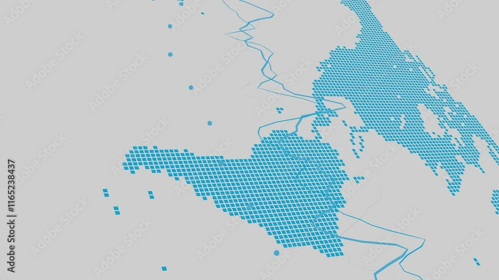 Poster pixelated blue map highlighting north and south america with overlaid waveforms on a white backgroun