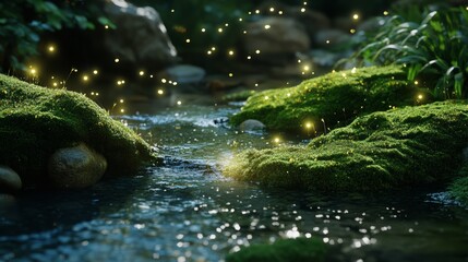 Fototapeta premium mound of green moss with little stream water