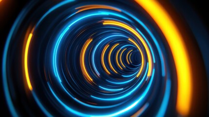 Fototapeta premium Neon blue and yellow rings expanding and contracting in 3D space, with glowing trails.