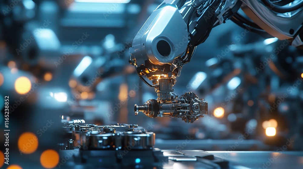 Poster 3d rendering of robotic arms assembling various machine parts