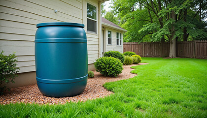 Rainwater barrel in green backyard landscape