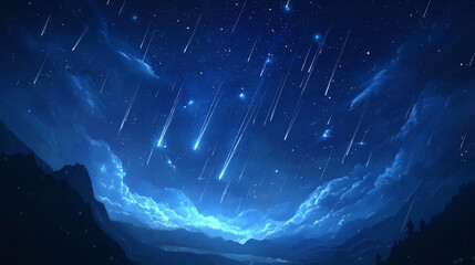 Mystical Cosmic Night with Falling Stars and Glowing Blue Nebulae