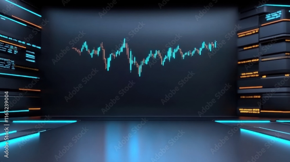 Poster a futuristic digital display showing a fluctuating graph, with glowing edges and a sleek, high-tech 