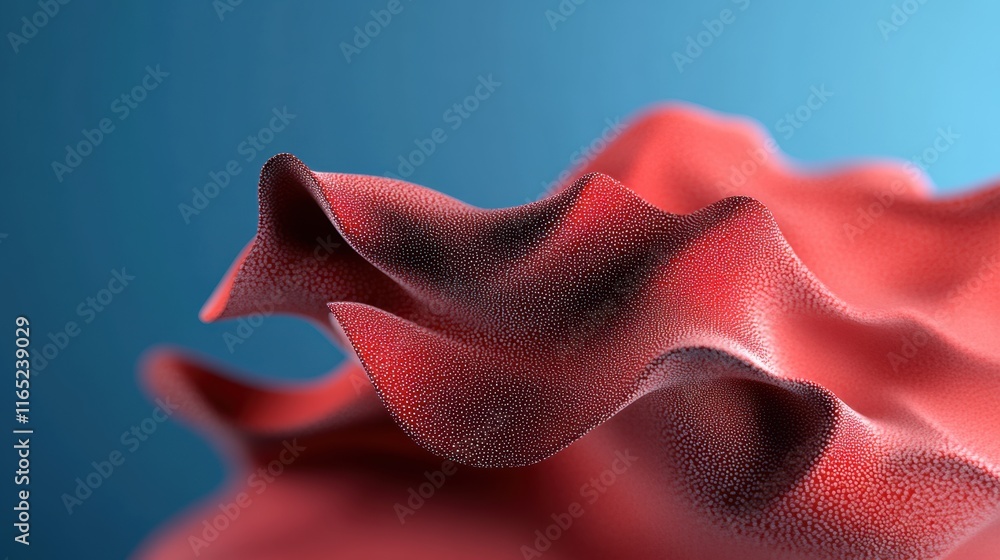 Poster abstract red fabric with textured dotted surface creating organic wave-like shapes on a gradient blu