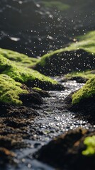 mound of green moss with little stream water