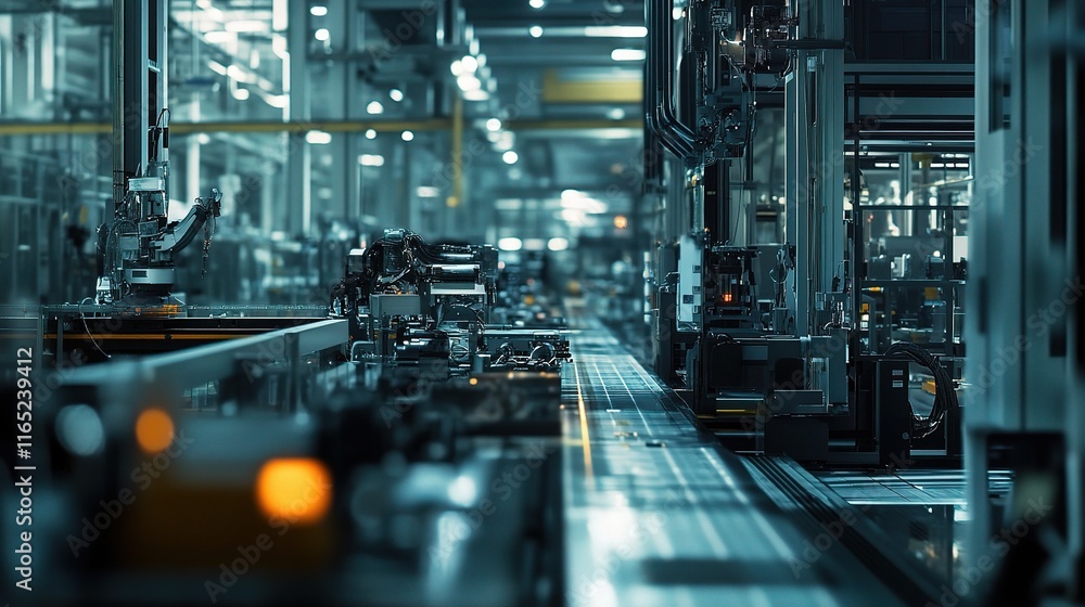 Poster close-up view of modern factory floor with automated systems