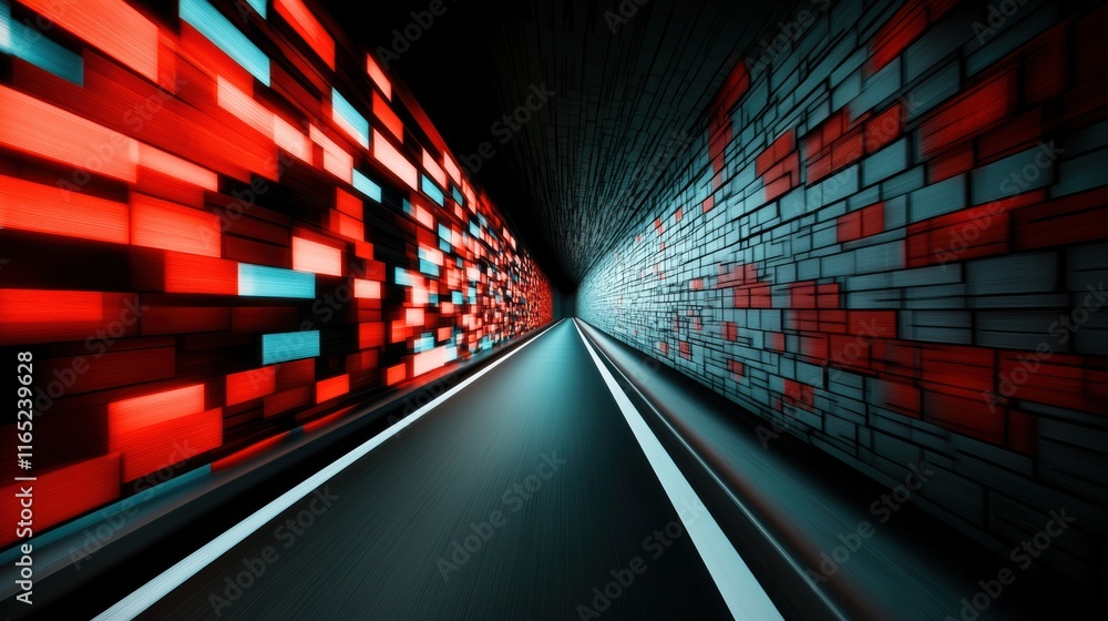 Poster high-speed futuristic tunnel with glowing red and blue digital patterns. cyberpunk and technology co