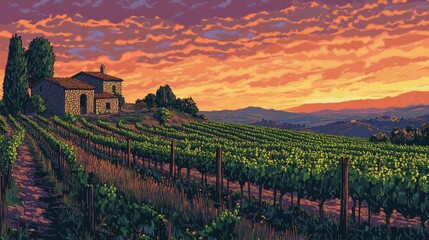 Fototapeta premium A picturesque vineyard at sunset, showcasing rolling hills and a rustic stone house.