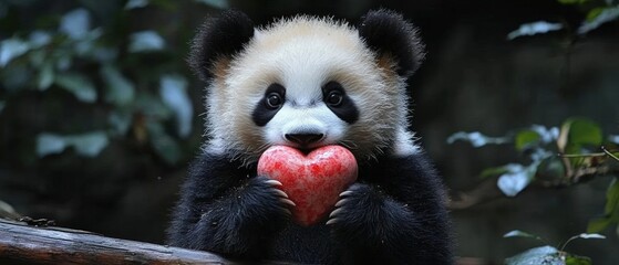 Obraz premium Adorable panda cub gently holding a heart-shaped object.