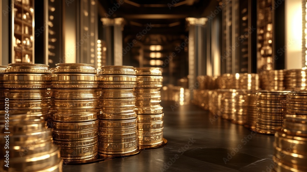 Poster a luxurious hall filled with towering stacks of gleaming gold coins, illuminated by soft lighting, c