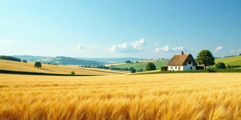 Serene rural landscape featuring a thatched-roof cottage amidst golden wheat fields and rolling hills under a vibrant summer sky