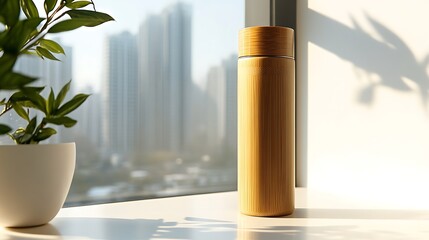Bamboo Water Bottle on Windowsill with City View
