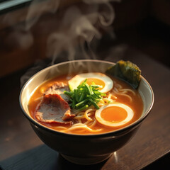  steaming bowl of ramen with soft-boiled egg, noodles, pork belly, and green onions | generative AI