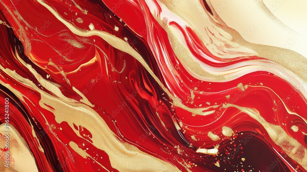 Poster fluid and dynamic red and gold waves merging in an abstract pattern, capturing the essence of chines